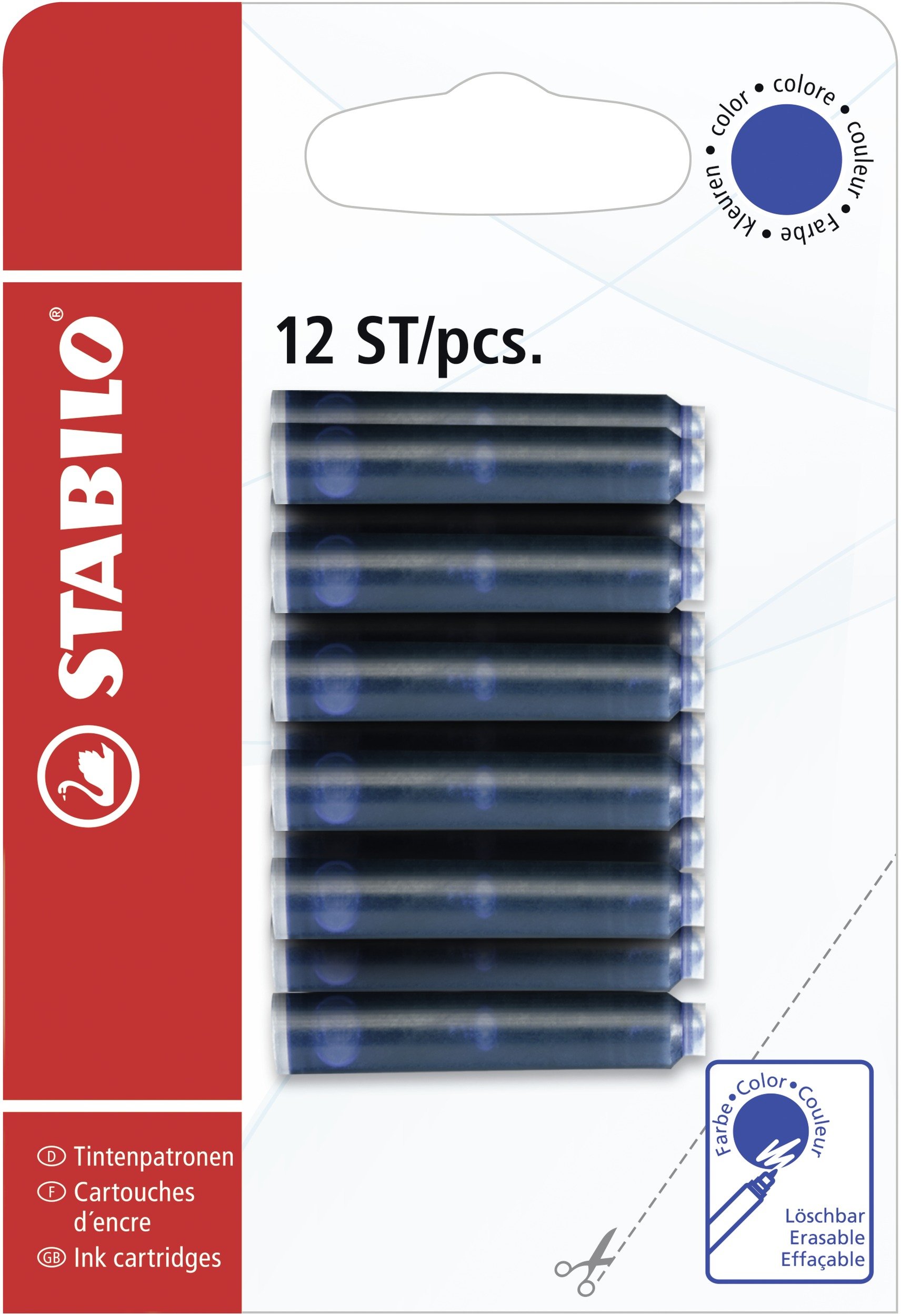 Recharge Cartouche Encre Effaçable Bleu STABILO - Lot de 12