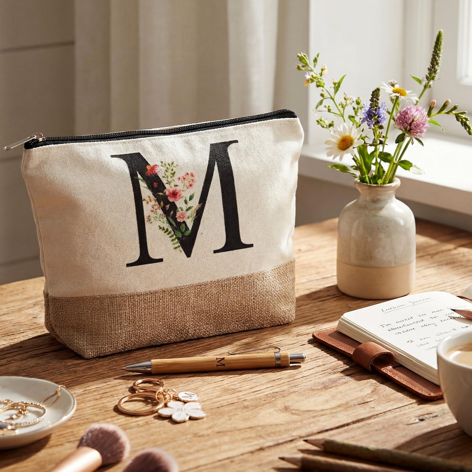 Lot de 3 Cadeaux Femme Hestya - Trousse, Porte-Clés, Stylo Bille Initiale Florale – Image 2