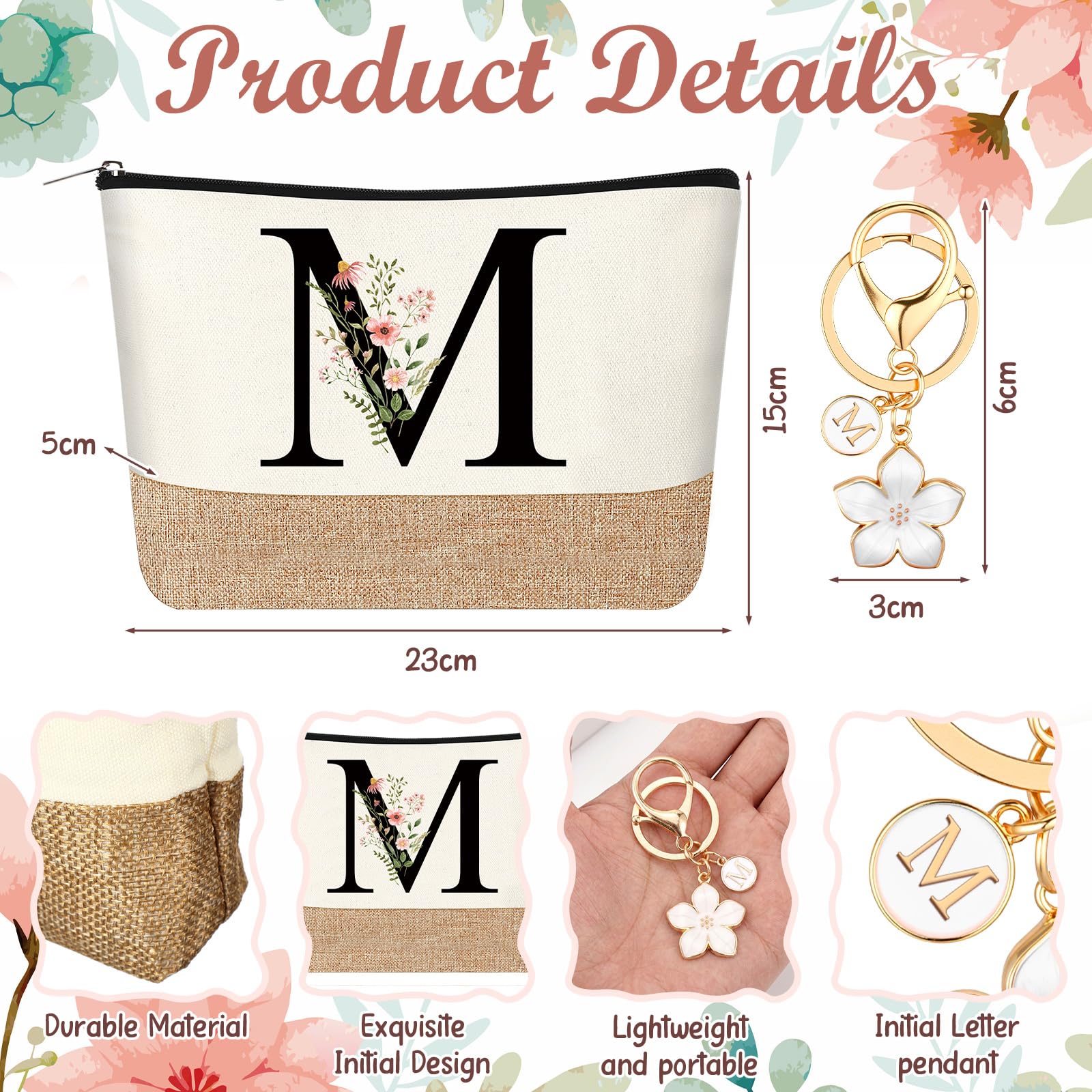 Lot de 3 Cadeaux Femme Hestya - Trousse, Porte-Clés, Stylo Bille Initiale Florale – Image 3