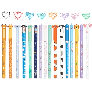 Lot de 16 Stylos Gel Effaçables Zouwel - Motifs Animaux, Pointe 0,7 mm