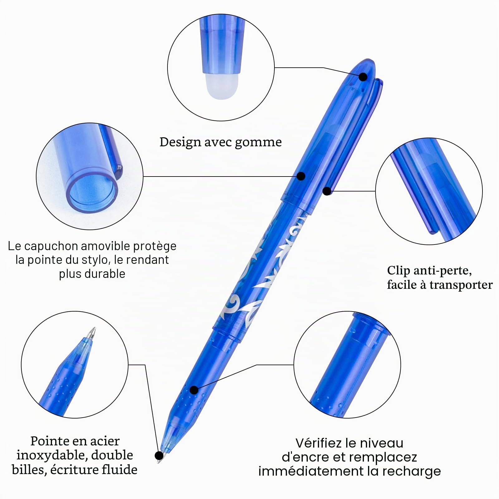 Lot de 8 Stylos Roller Effaçables RUCUDIM - Encre Gel 0,5 mm – Image 3