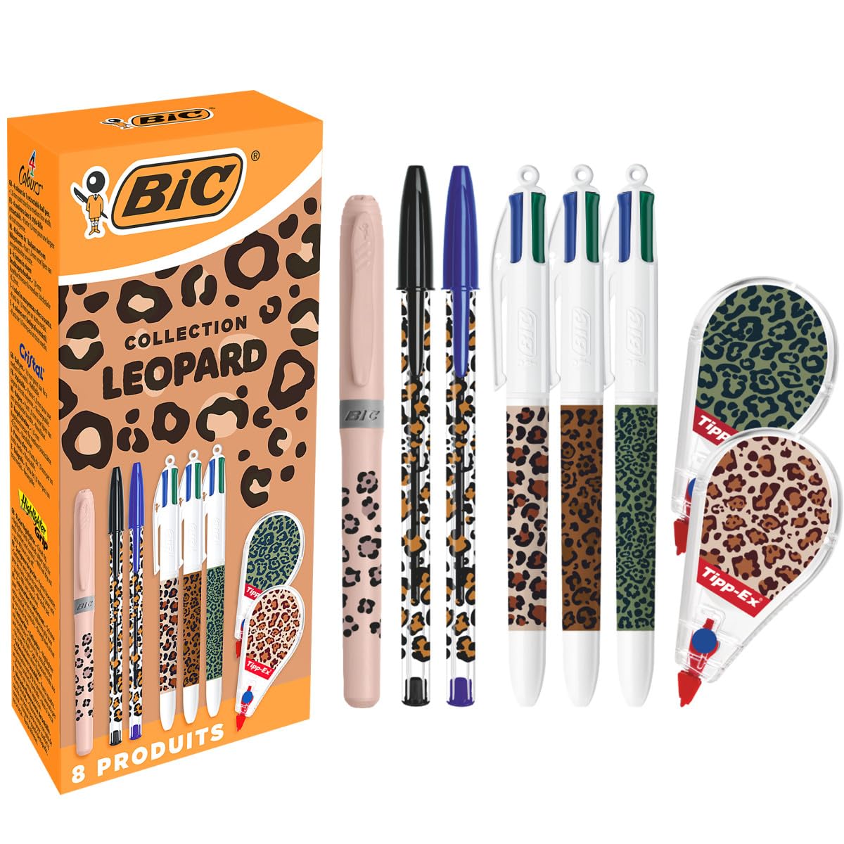 Stylo Bille Bic et Tipp-Ex Collection Léopard - Pointe Moyenne 1,0 mm, Surligneur, Rubans Correcteurs - Boîte de 8