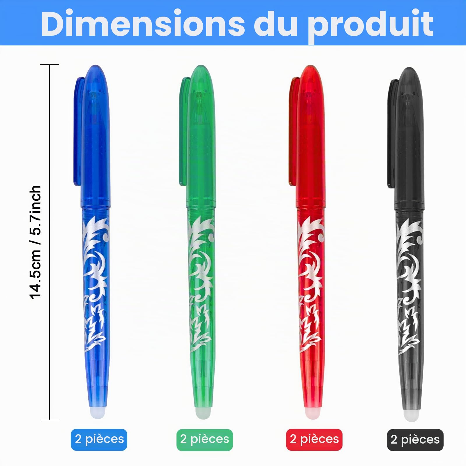 Lot de 8 Stylos Roller Effaçables RUCUDIM - Encre Gel 0,5 mm – Image 2