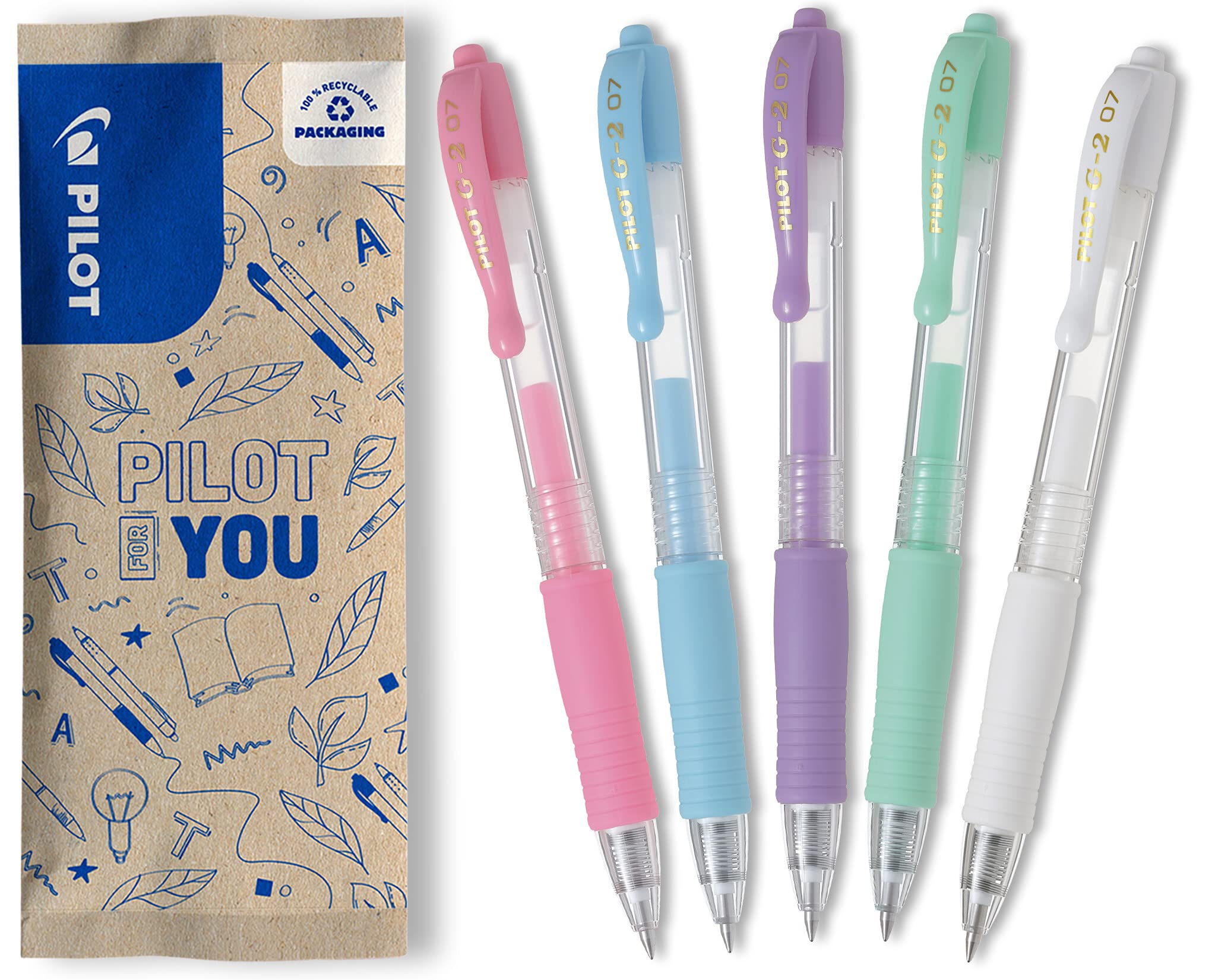 Lot de 5 Stylos Roller Gel Pilot G2 Pastel - Pointe Moyenne