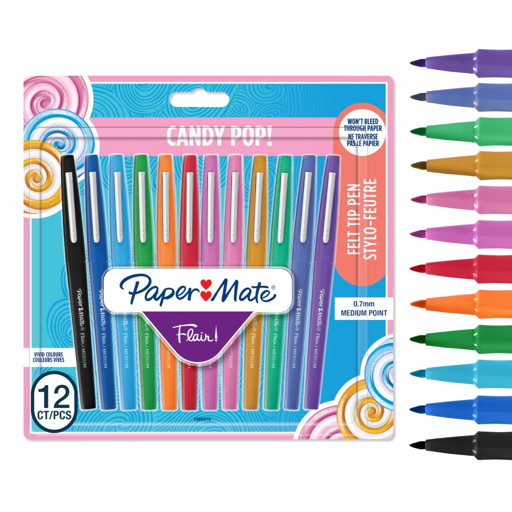 Stylo Feutre Paper Mate Flair Pointe Moyenne 0,7 mm - Lot de 12 Couleurs Candy Pop