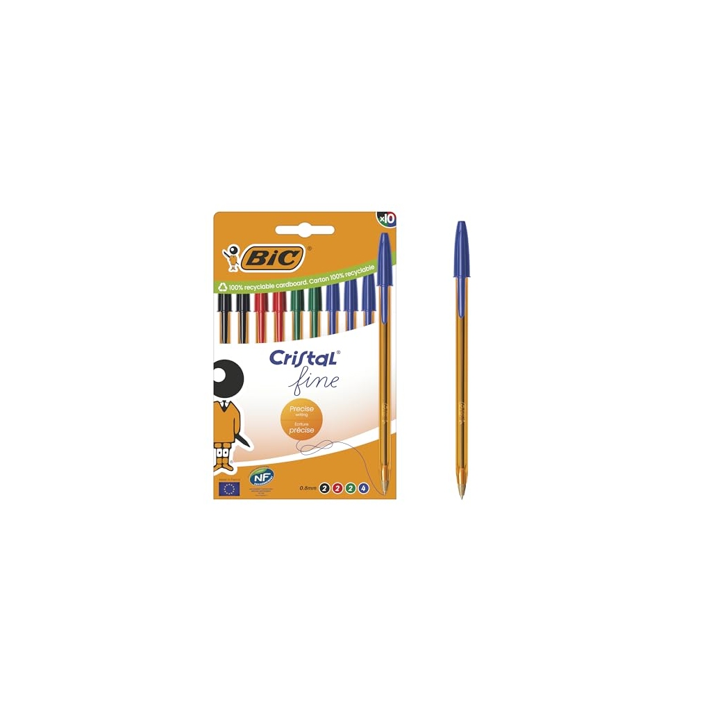 BIC Cristal Original Fine 0,8 mm, boîte de 10 stylos-bille assortis