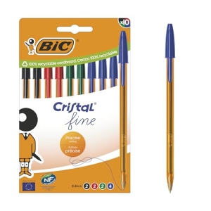 BIC Cristal Original Fine 0,8 mm, boîte de 10 stylos-bille assortis